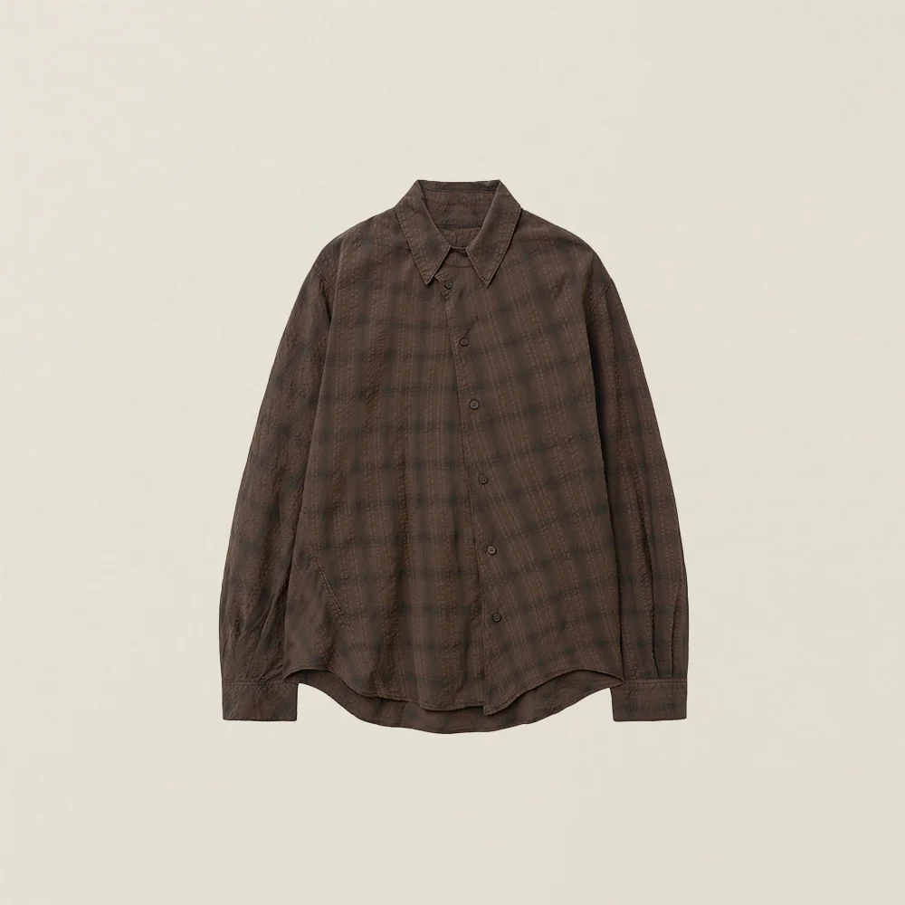 MENS GARMENT DYED CURVED CHECK SHIRT BROWN