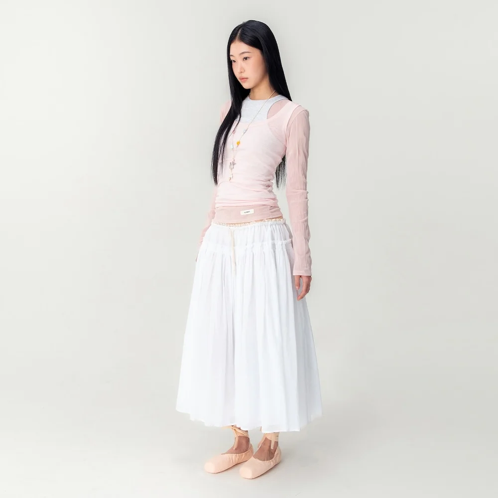 LACE STRING GATHERED LONG SKIRT (WHITE)
