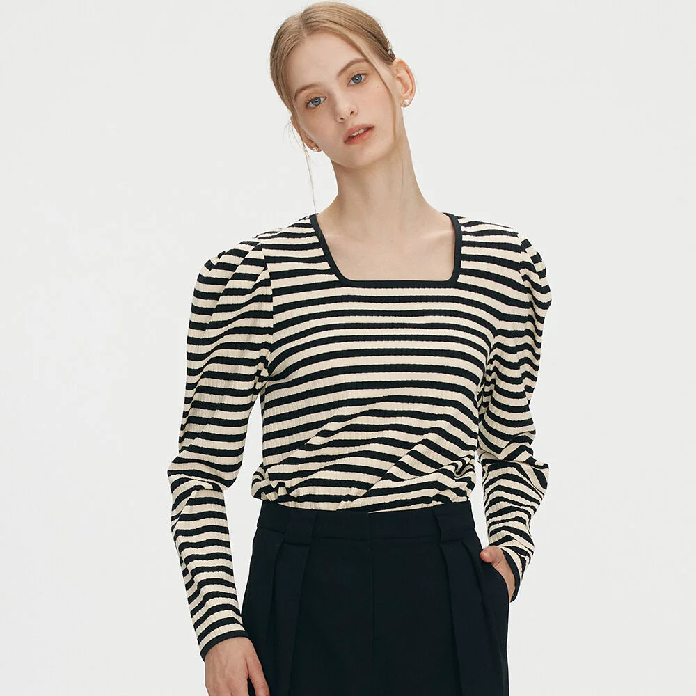 Square neck ribbed puff top - Black