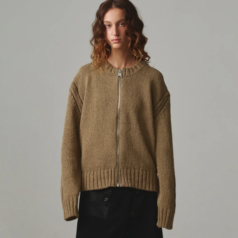 UNISEX, Bold Zip-Up Cardigan / KHAKI