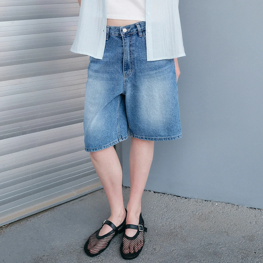 Daily washed bermuda denim pants_Blue