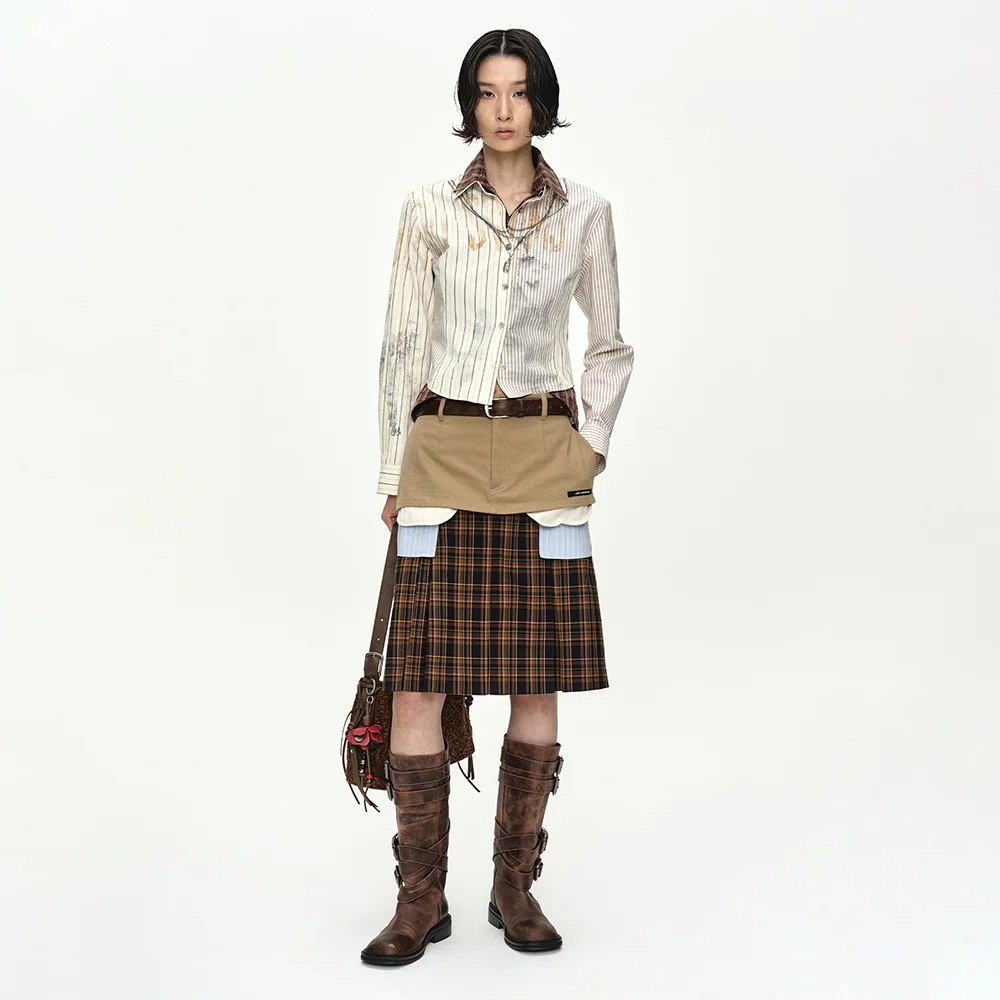 DOUBLE LAYERED PLEATS SKIRT apa885w(BROWN)