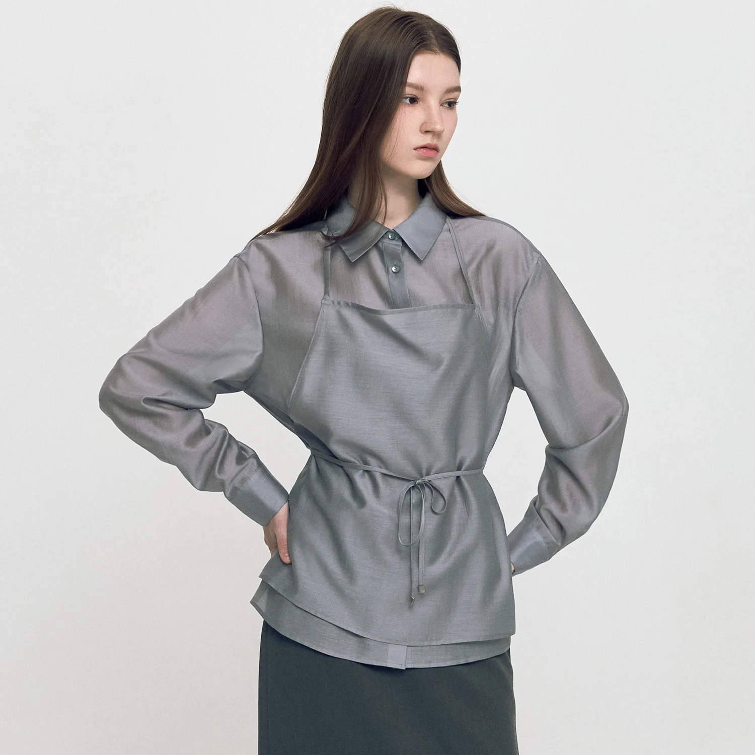 Sheer Apron Set Shirts GRAY