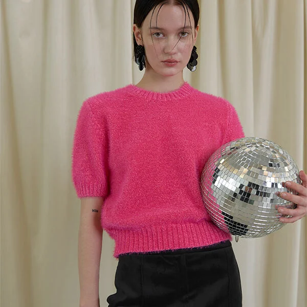 VELVET HALF SLEEVE KNITWEAR HOT PINK (T-6750)