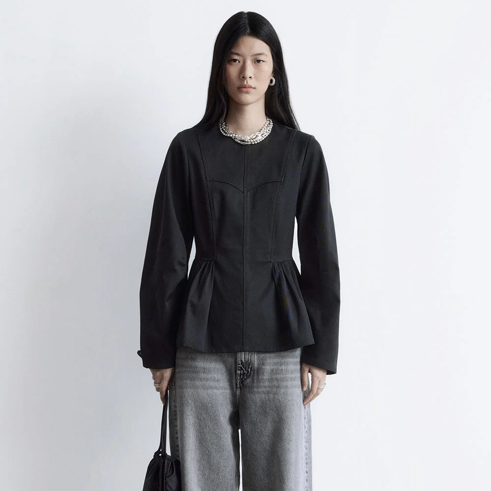 純棉 荷葉下擺 上衣 (Black)