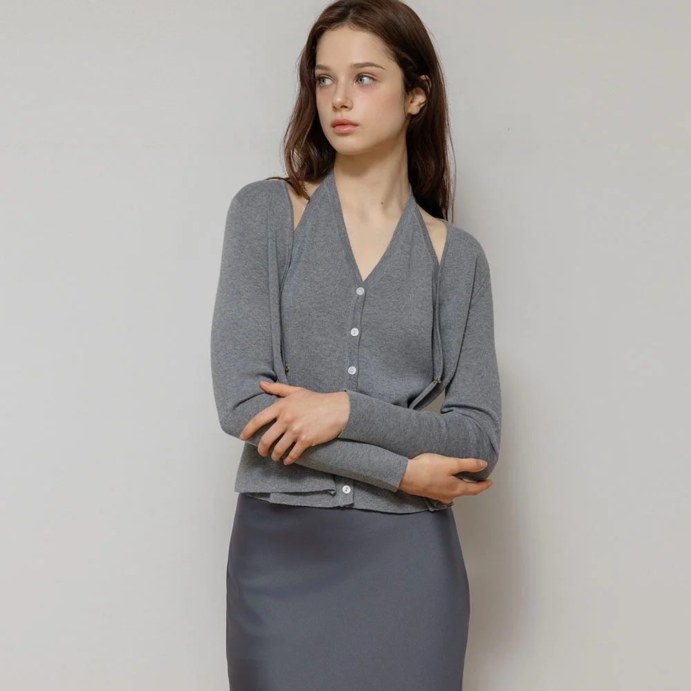 Rosy Halter Knit Gray Cardigan