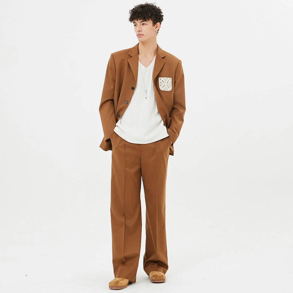 For men, Orbit Crochet Patch Straight Slacks / Camel