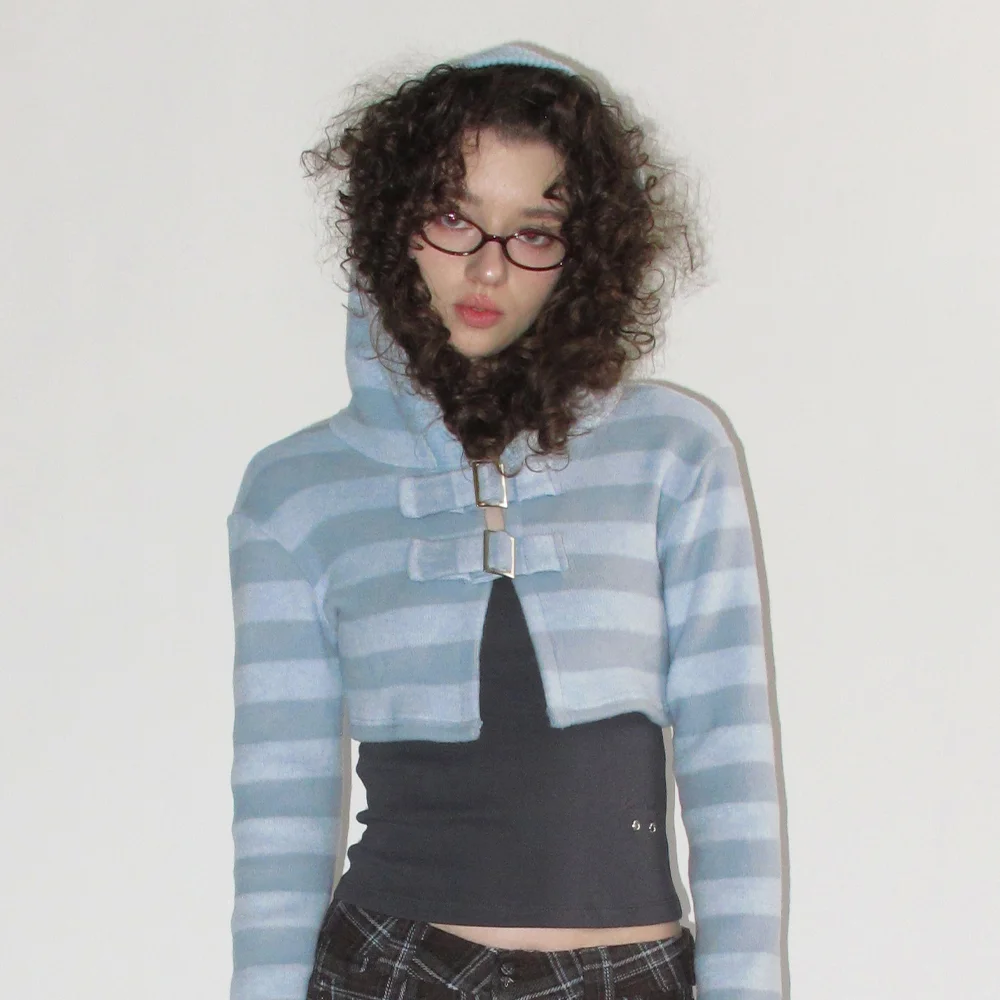 STRIPED BUCKLE HOODED BOLERO_SKY BLUE