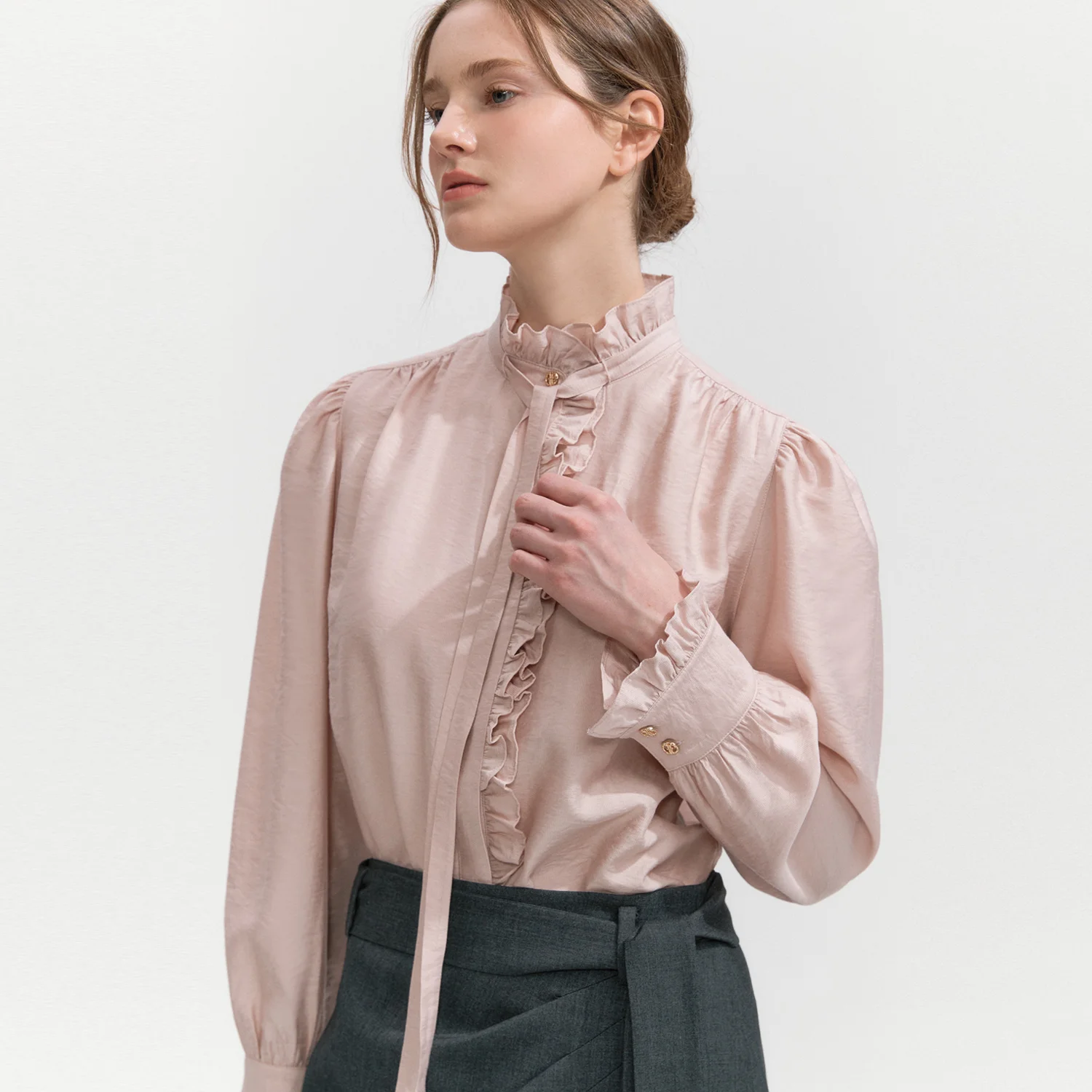 Frilled Band Collar Blouse ROSE PINK