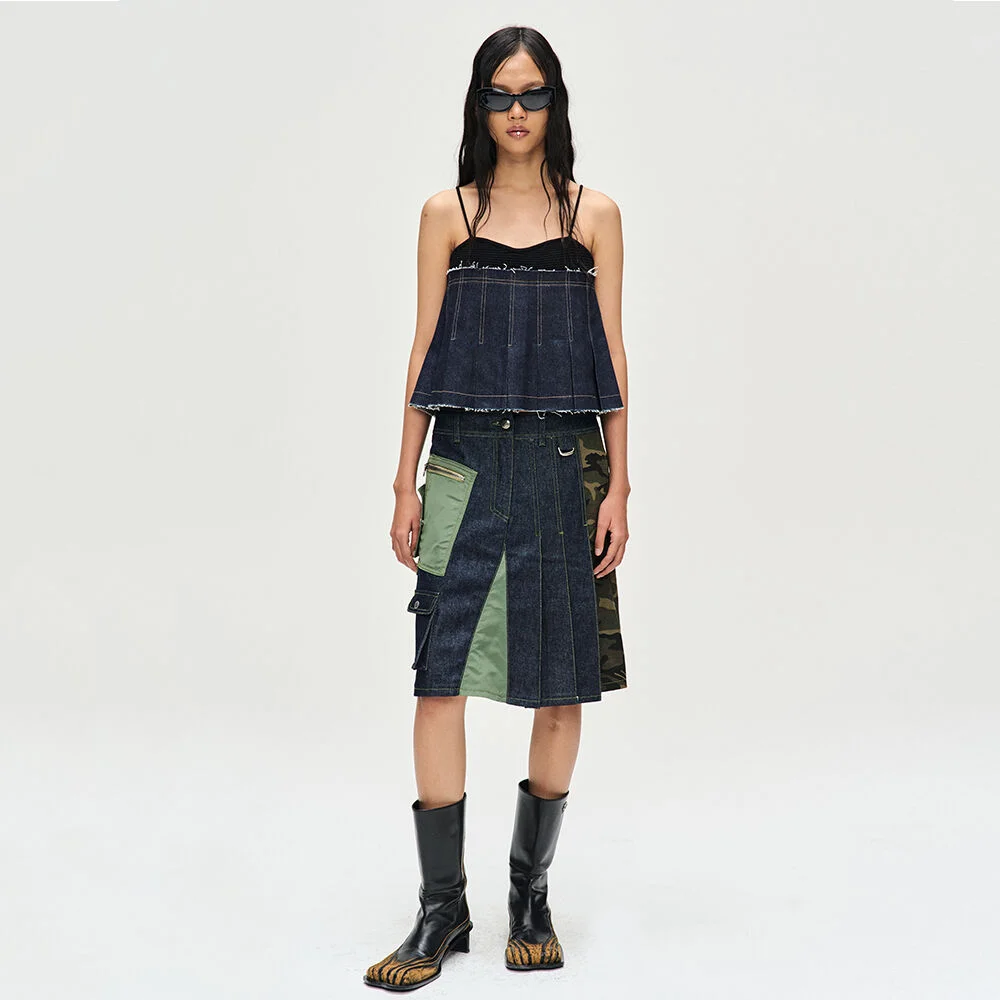 KINA PLEATS DENIM SLEEVELESS KNIT TOP atb1091w(BLACK INDIGO)