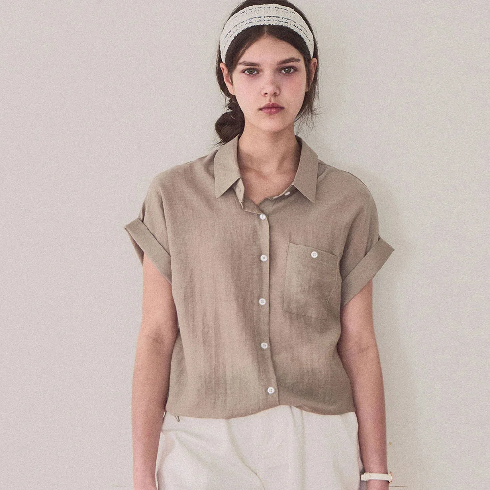 Linen string pocket sleeve shirt_3 Colors