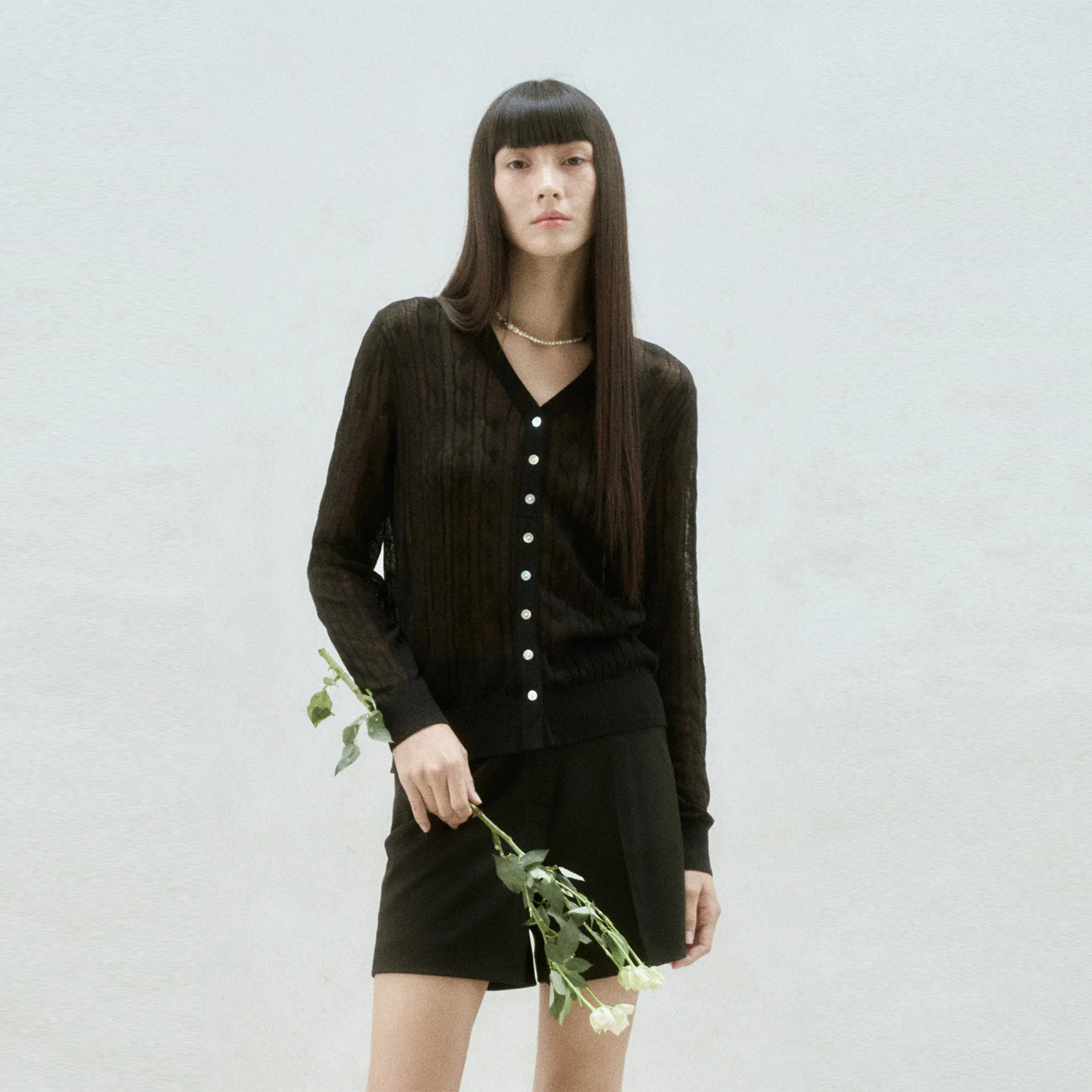 LINEN BLEND CABLE KNIT SHEER CARDIGAN BLACK