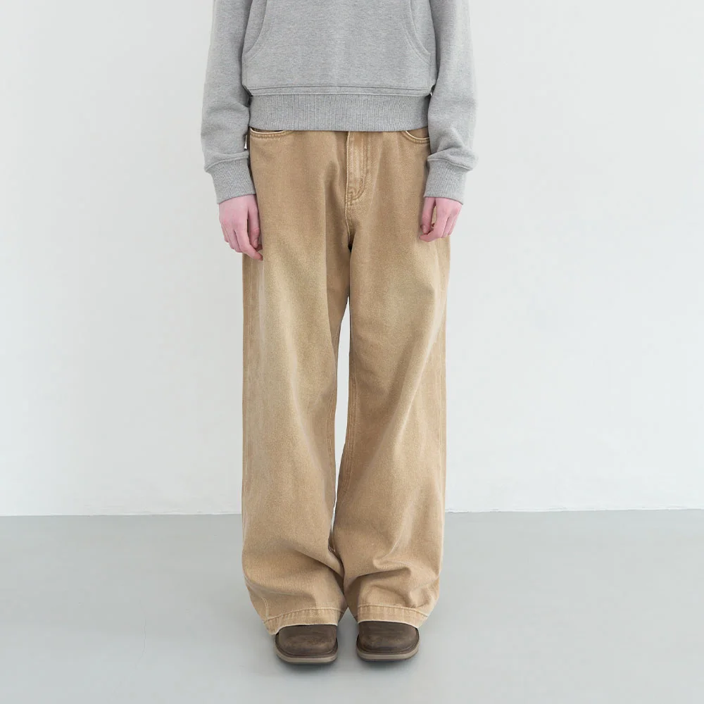 復古 寬版 牛仔 褲子 (Beige)