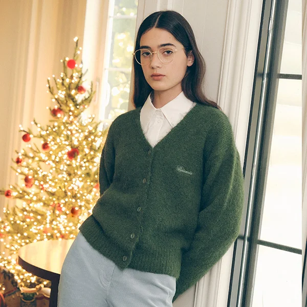 HAIRY V NECK CARDIGAN GREEN