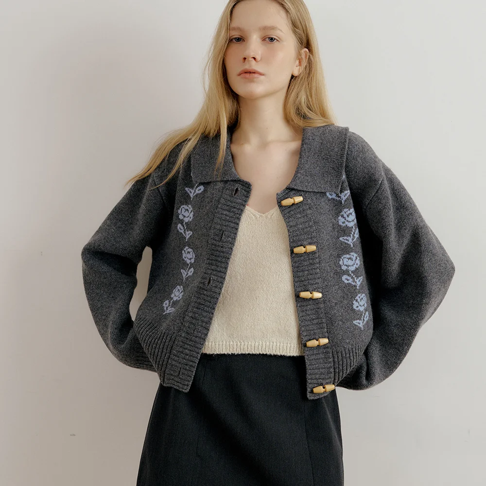 FLOWER WOOL CARDIGAN - CHARCOAL