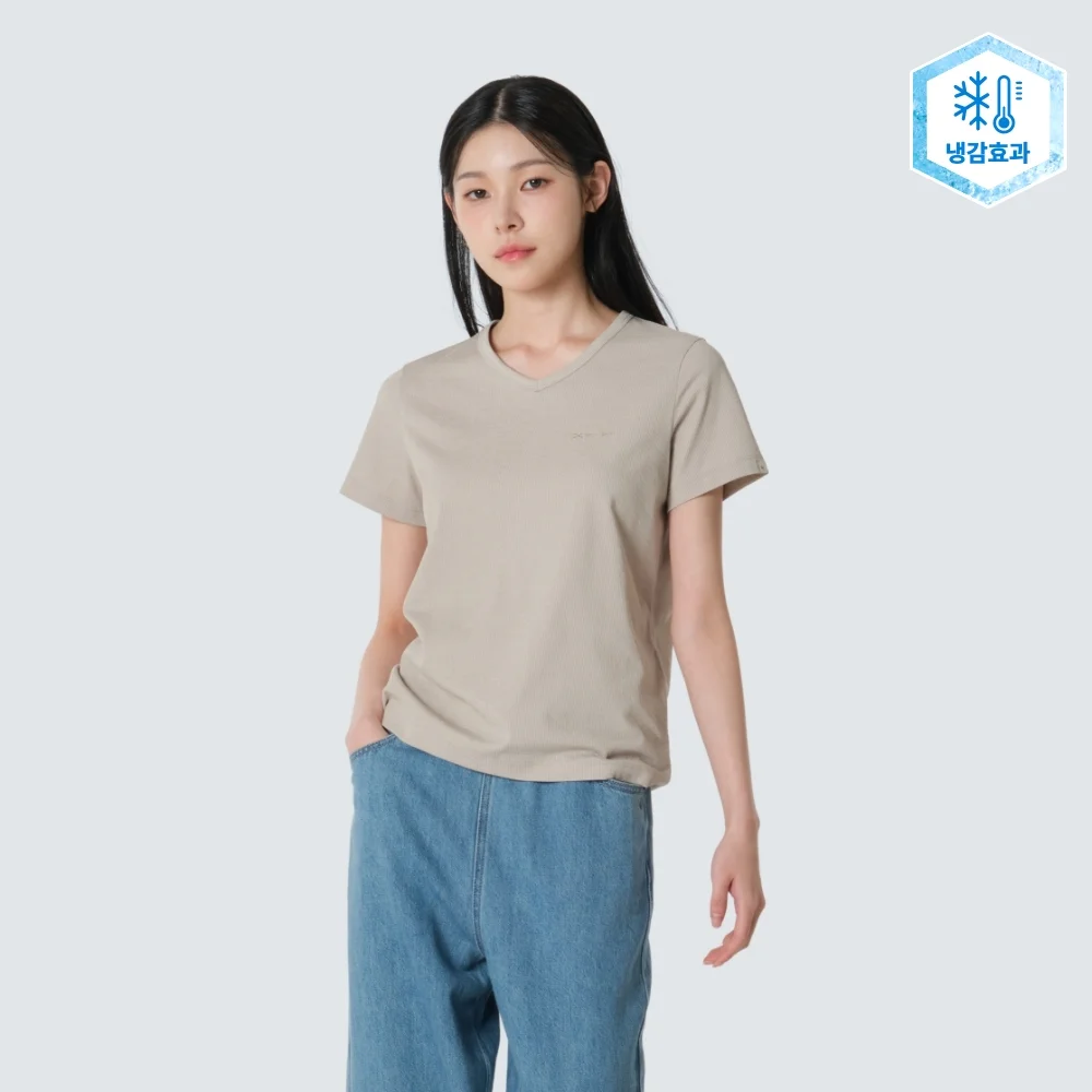 羅紋 女裝 V領 短袖 T恤 Sand Beige (S26MWFTS37)