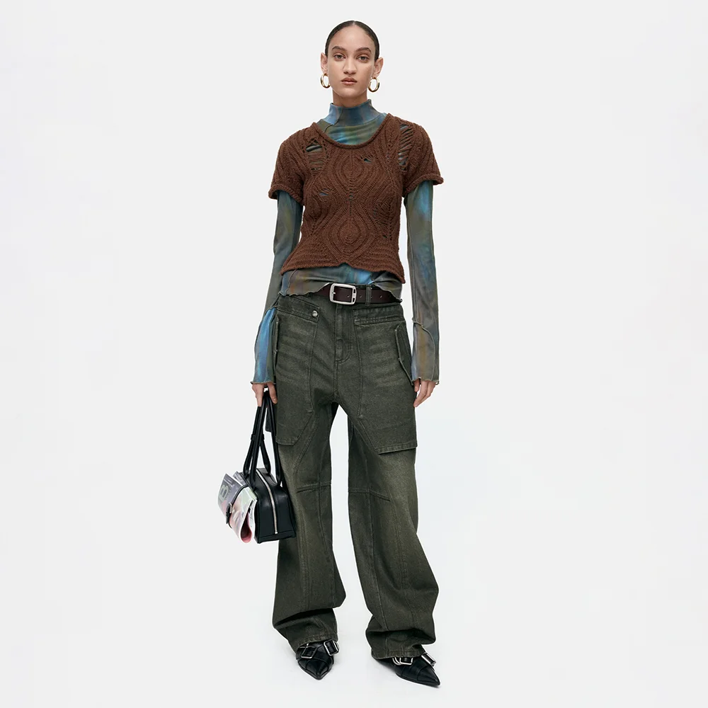 CAP SLEEVE SWEATER LAYERED TOP atb1352w(BROWN)