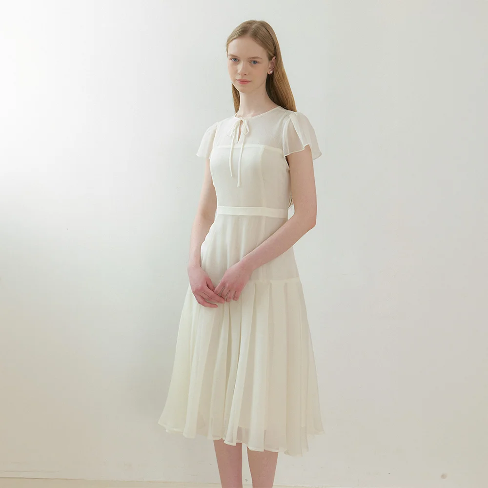 Chiffon Ruffle Pleated Long Dress / Ivory(3color)