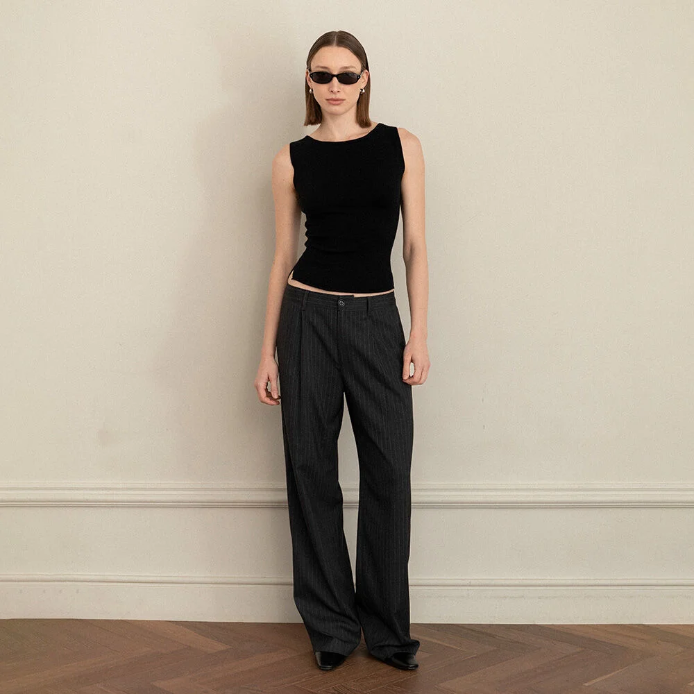 G GENTLE WIDE LEG PINSTRIPE PANTS (GRAY)