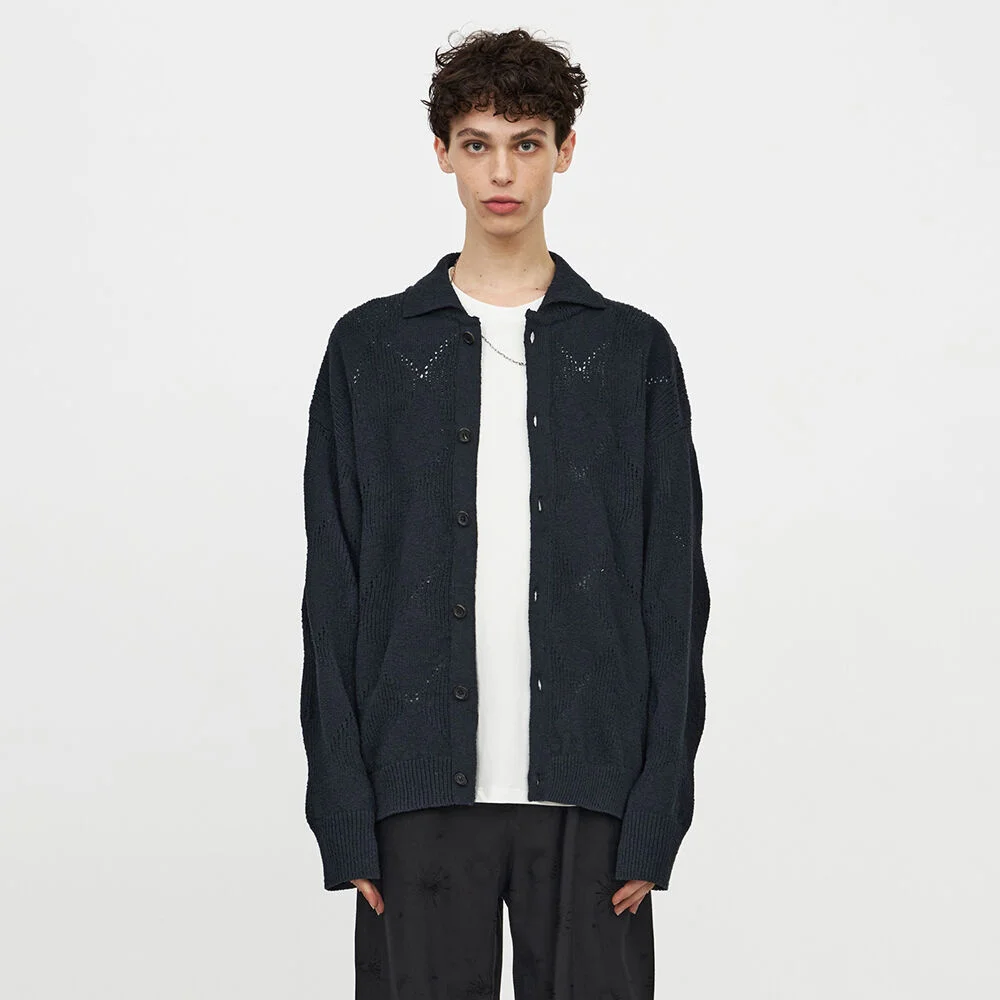 23SS Argyle Knit Collar Cardigan (M) Dusty Navy