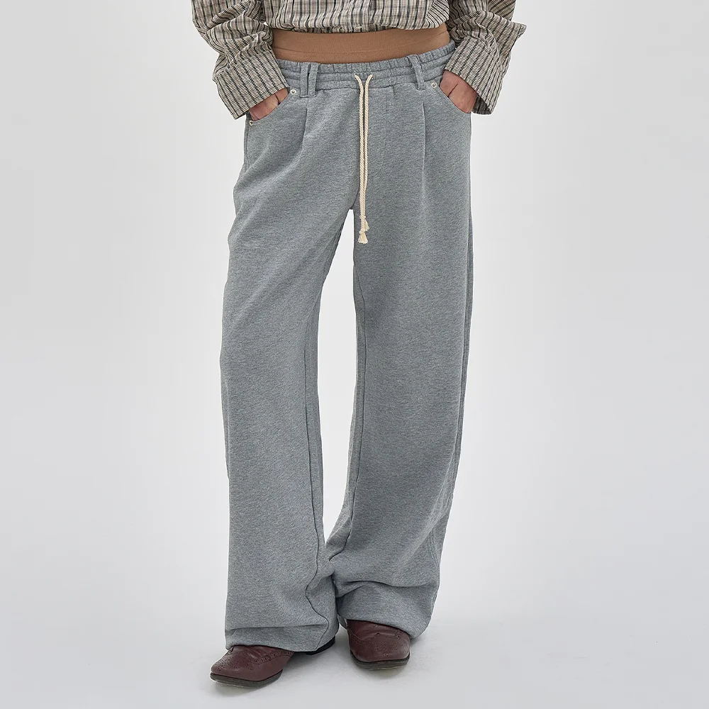 DOUBLE WAIST PLEATED WIDE LEG SWEATPANTS_MELANGE
