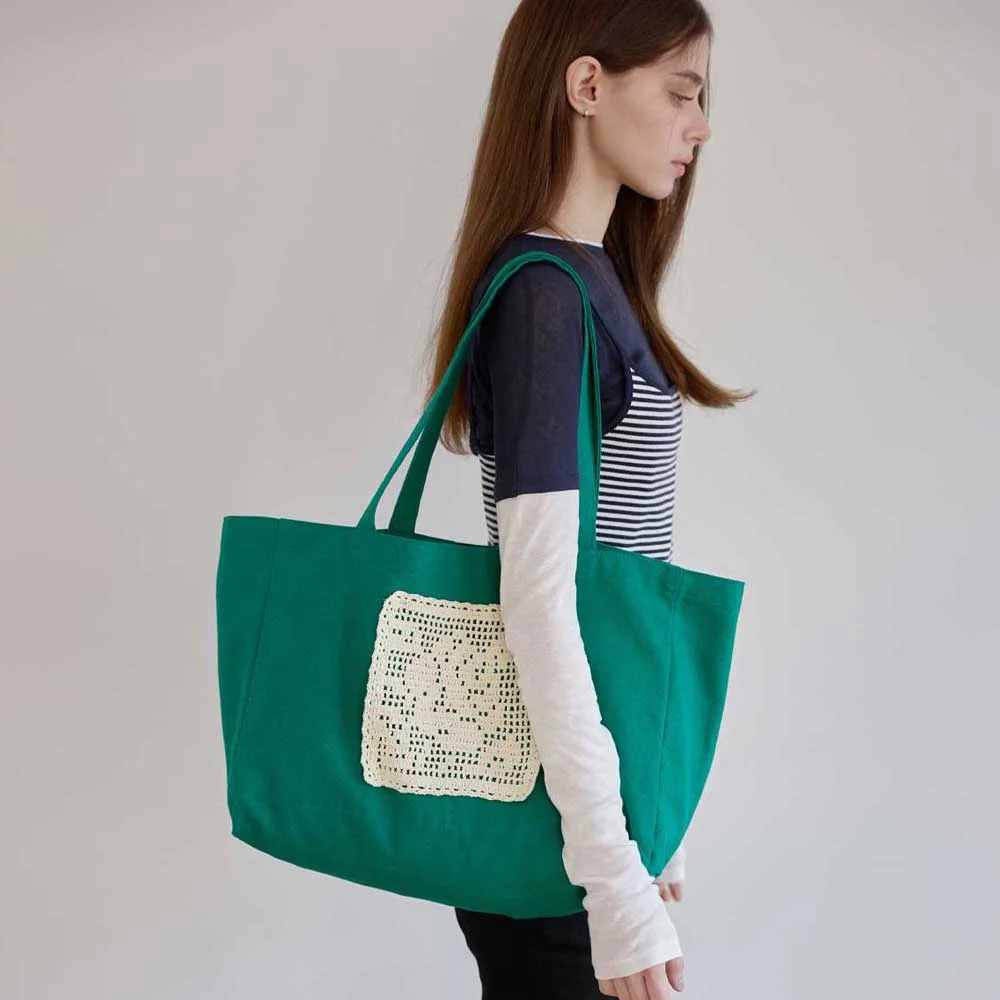Flower Doily Big Canvas Shopper Bag _ Green (花卉 蕾絲墊 方格編織 手工製 鉤織 大 帆布 購物袋)