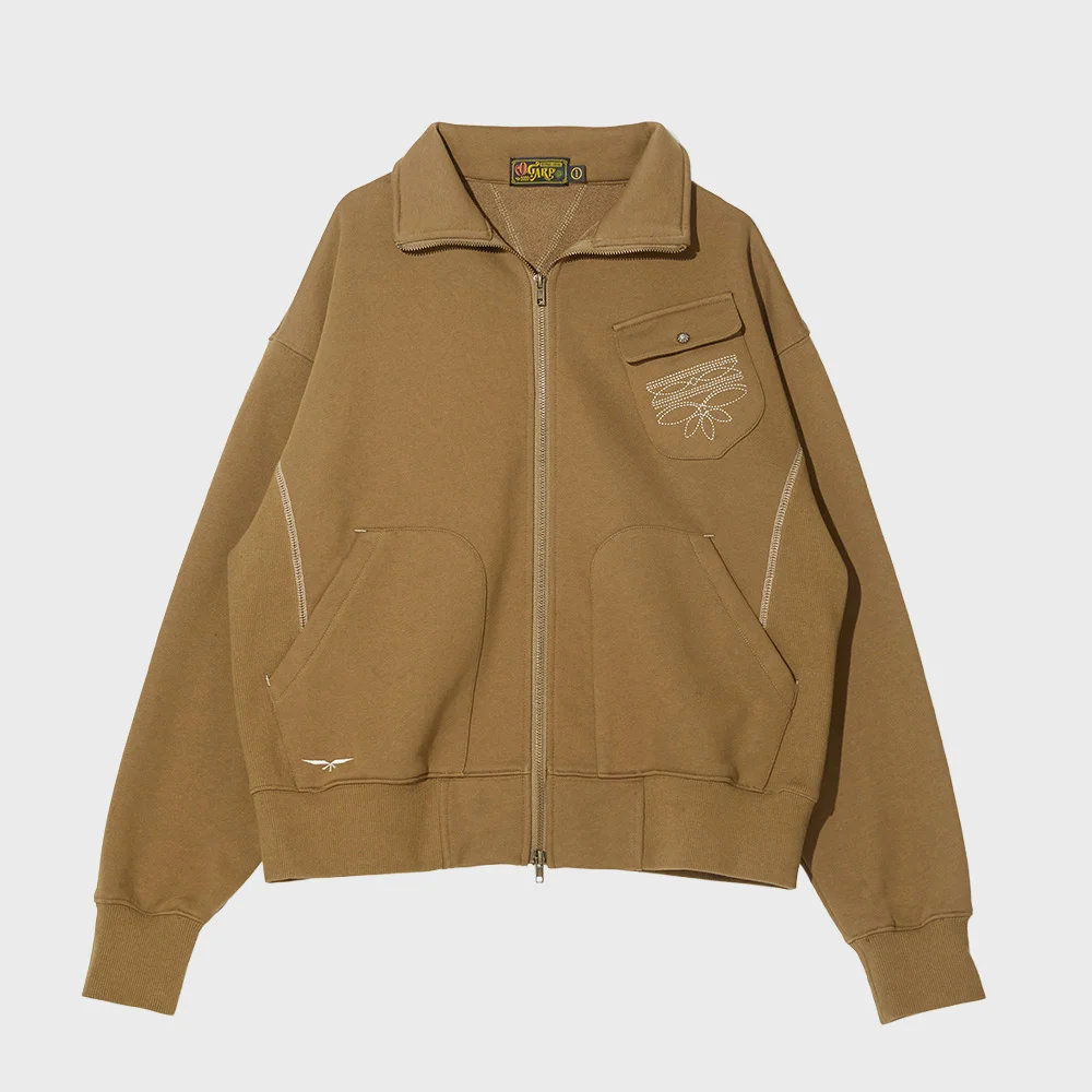 High Neck Zip-up Sweat Shirt Camel