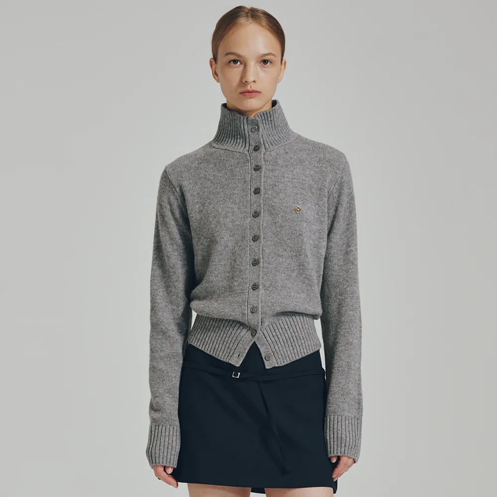 高領 羊毛 開襟外套 - 麻花 灰色 / Turtleneck Wool Cardigan - M. Gray