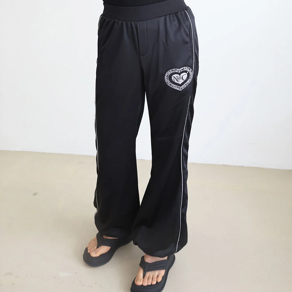 SILVER PIPING BOOTS CUT STRING PANTS BLACK