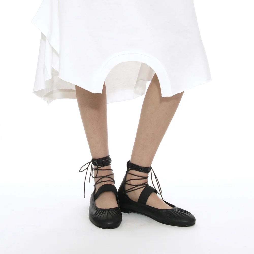 SHIRRING LACE-UP BALLET FLATS_BLACK