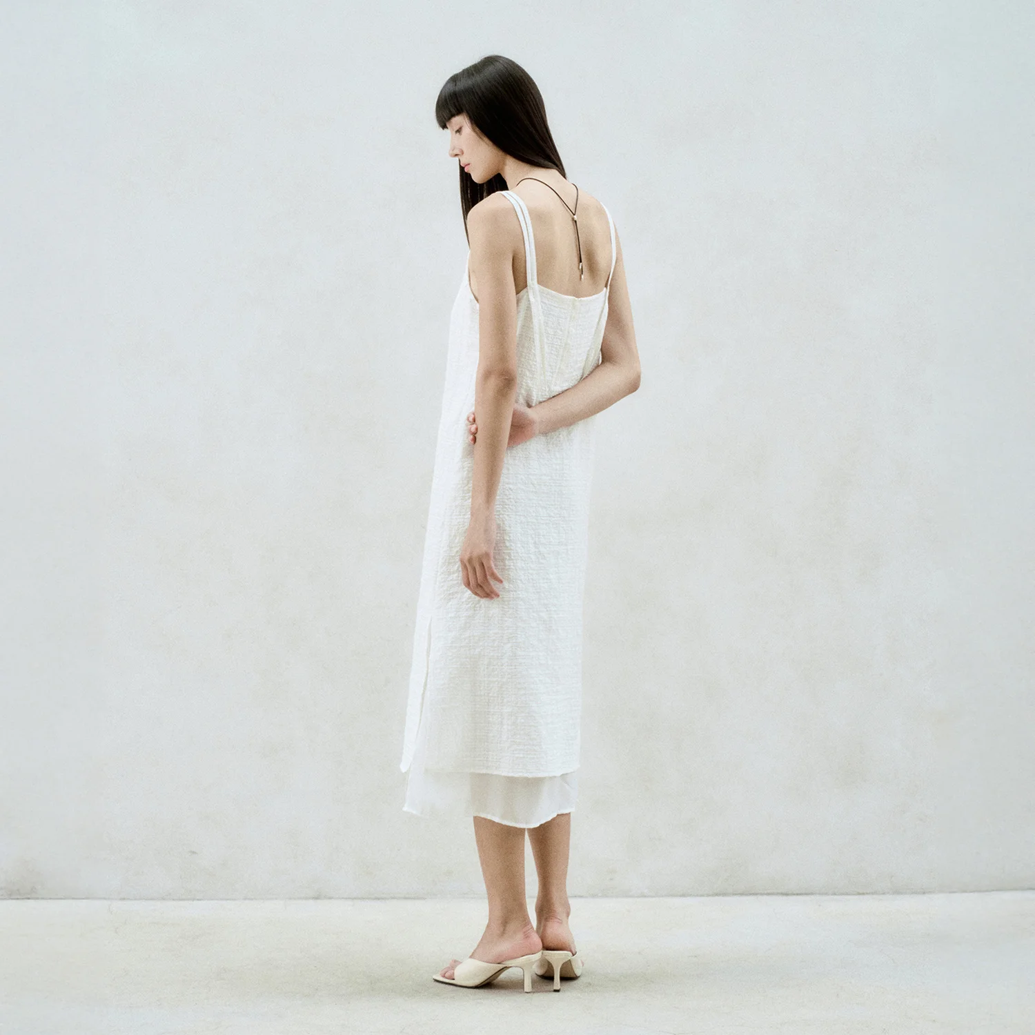 CHECKED-CHIFFON LAYERED MIDI DRESS WHITE