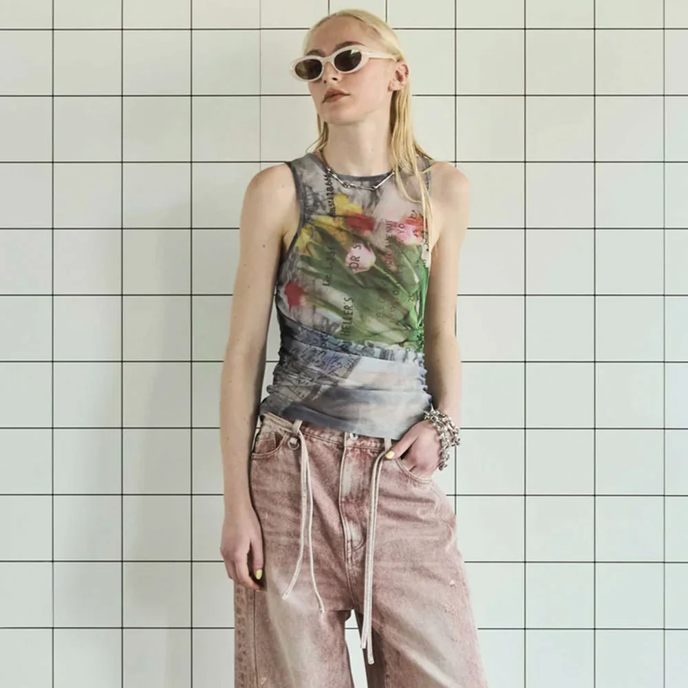 (W) TULIP GATHER MESH TANK TOP (MULTI)