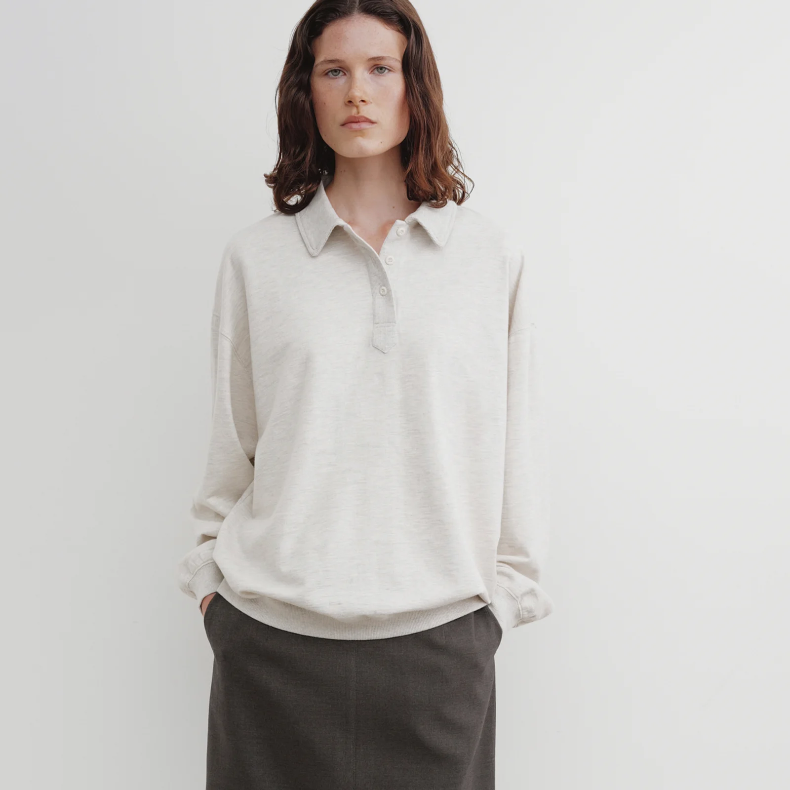 Cotton Button Collar Sweatshirt (Oatmeal)