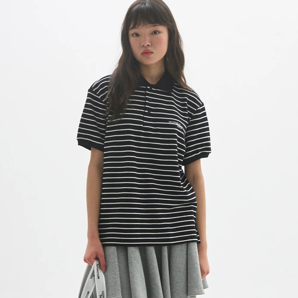 01 M.C UNISEX, Stripe PK Half Shirt / Black