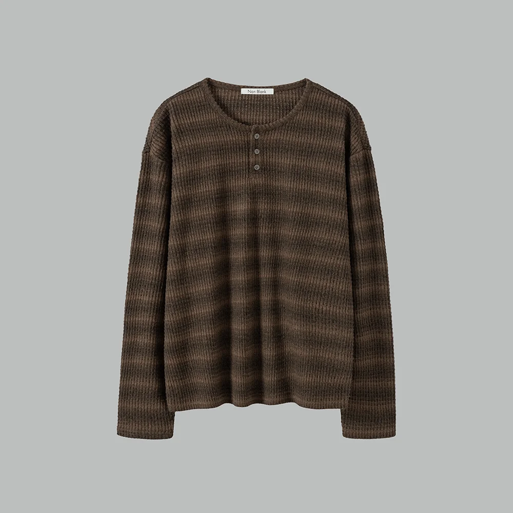 華夫格 亨利領 LS T恤_BROWN STRIPE