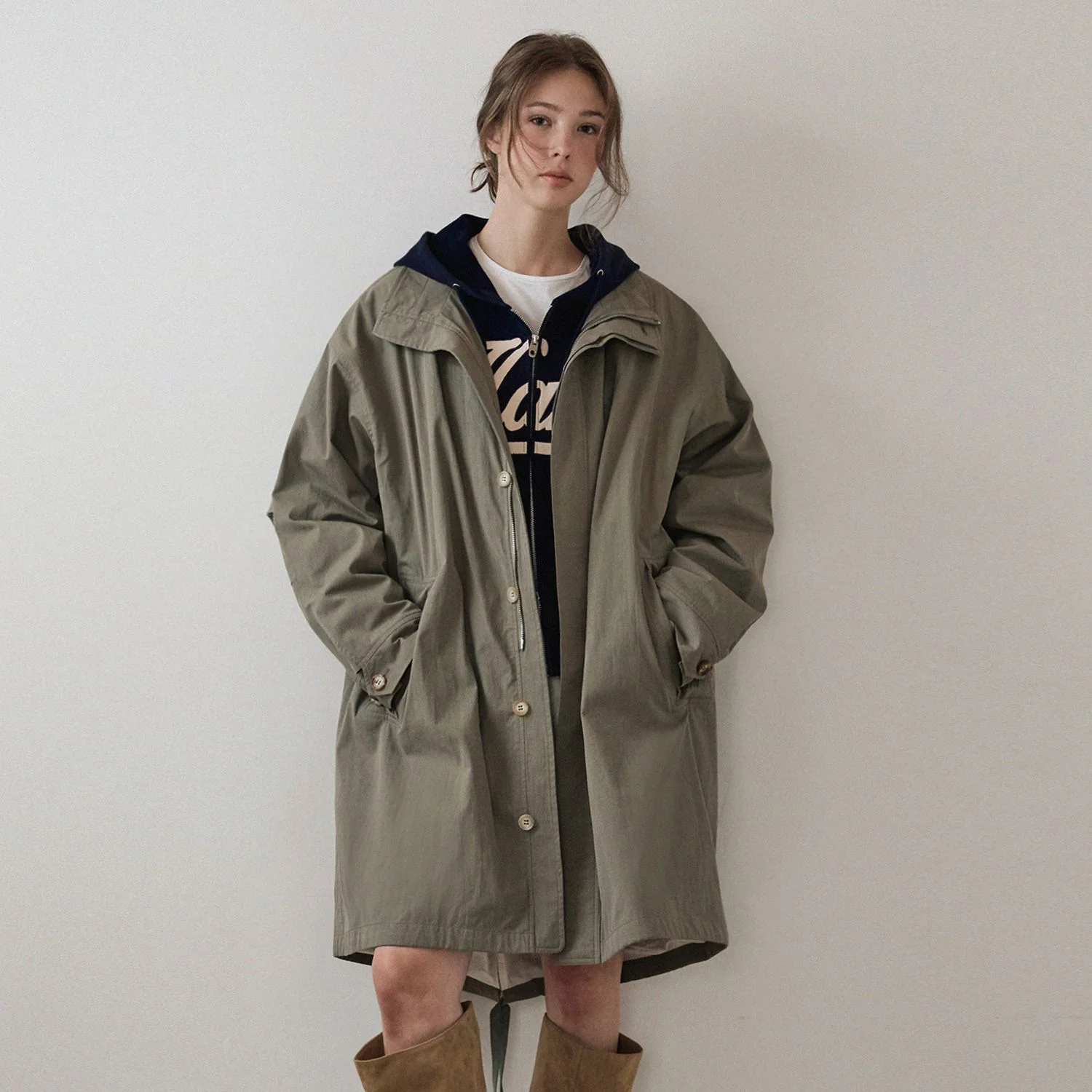 寬鬆版型 魚尾 派克大衣_Khaki