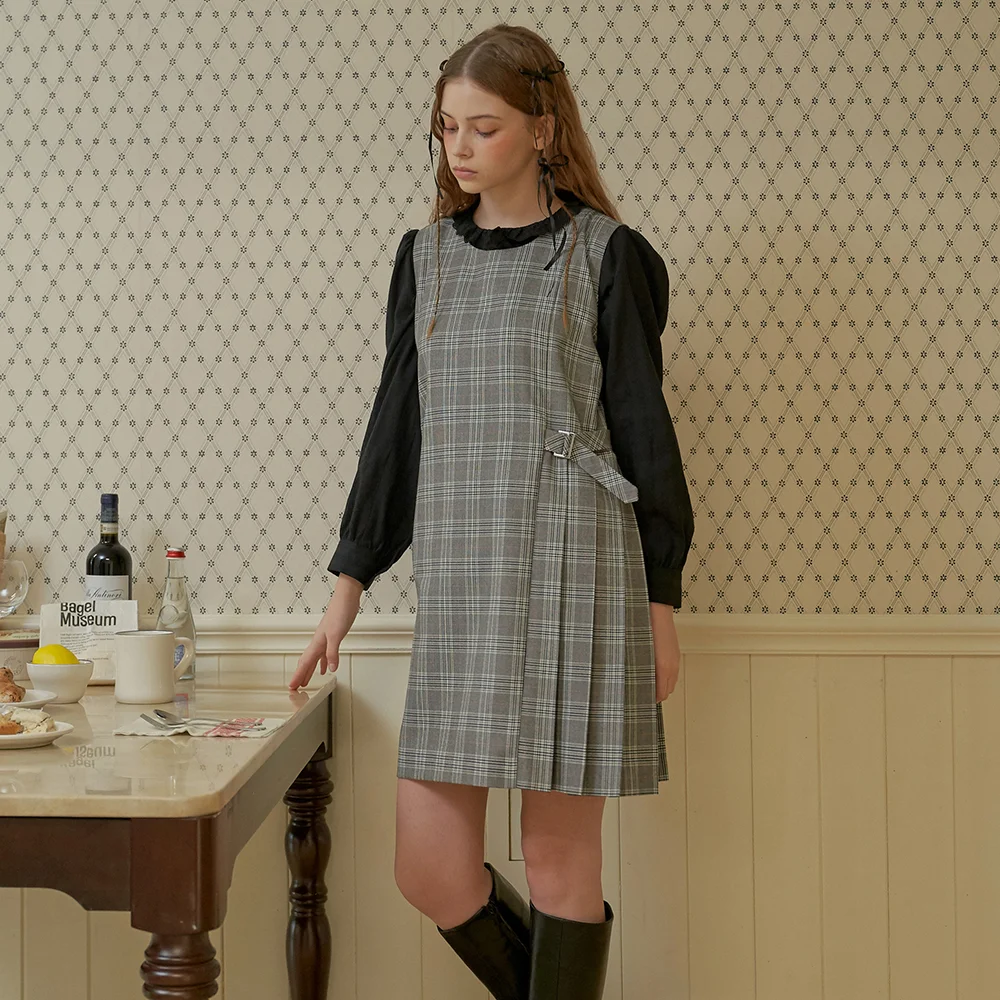 GREY CHECK PLEATS DRESS