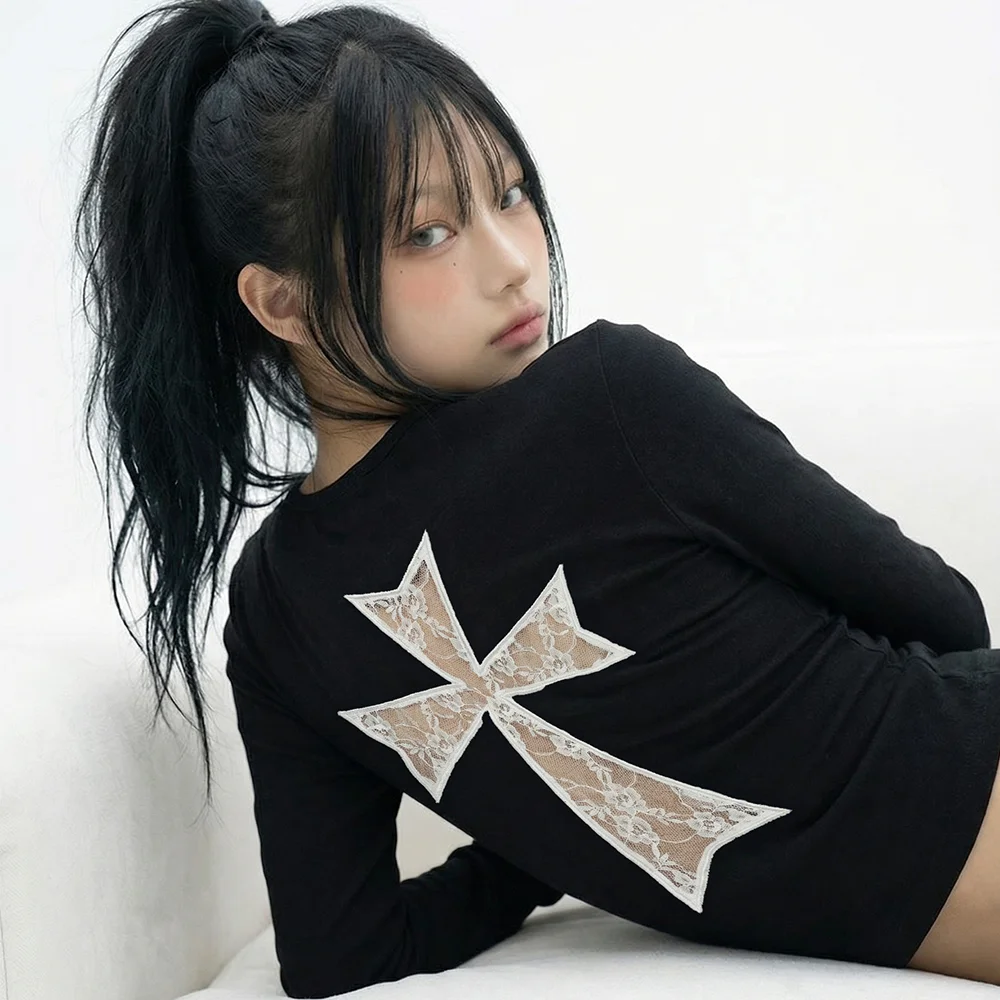 LACE BACK CROSS U領 長袖_BLACK