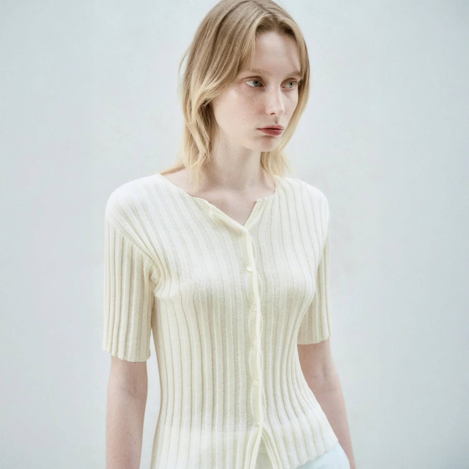 HALF SLEEVE RIBBED CARDIGAN VANILLA