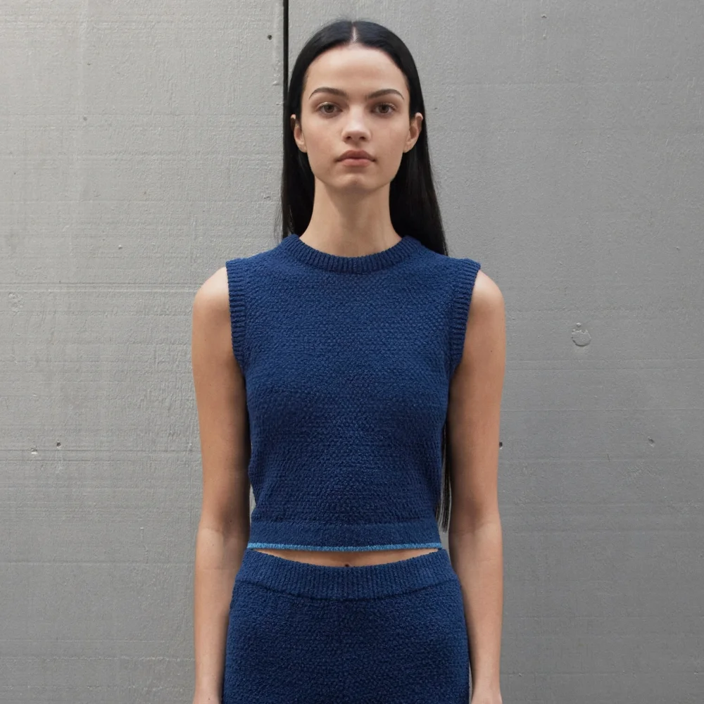WOMEN COLOR EDGED SLIM KNIT TANK TOP - BLUE