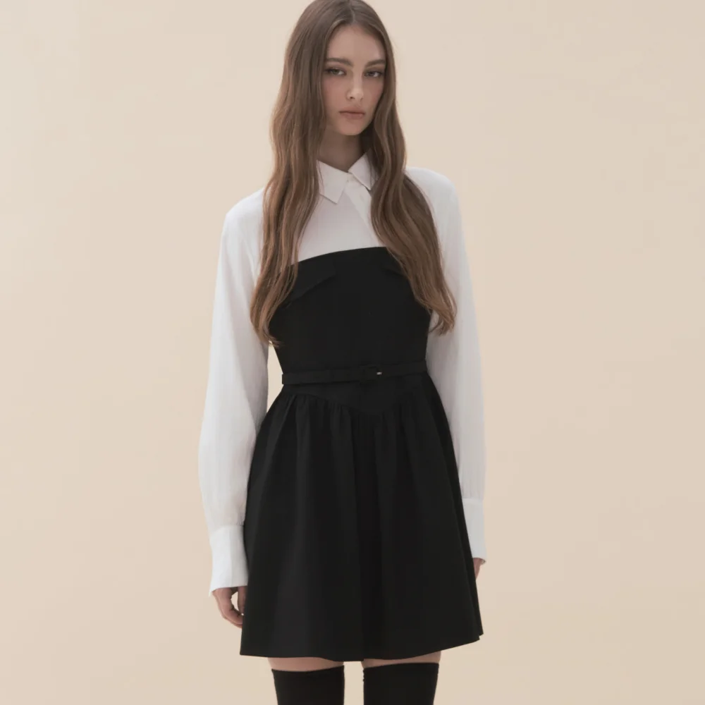Lena Bustier Layered Shirt Belted Dress - Black