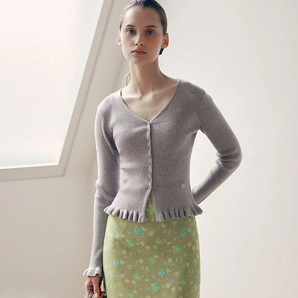 V NECK RUFFLE CARDIGAN GRAY