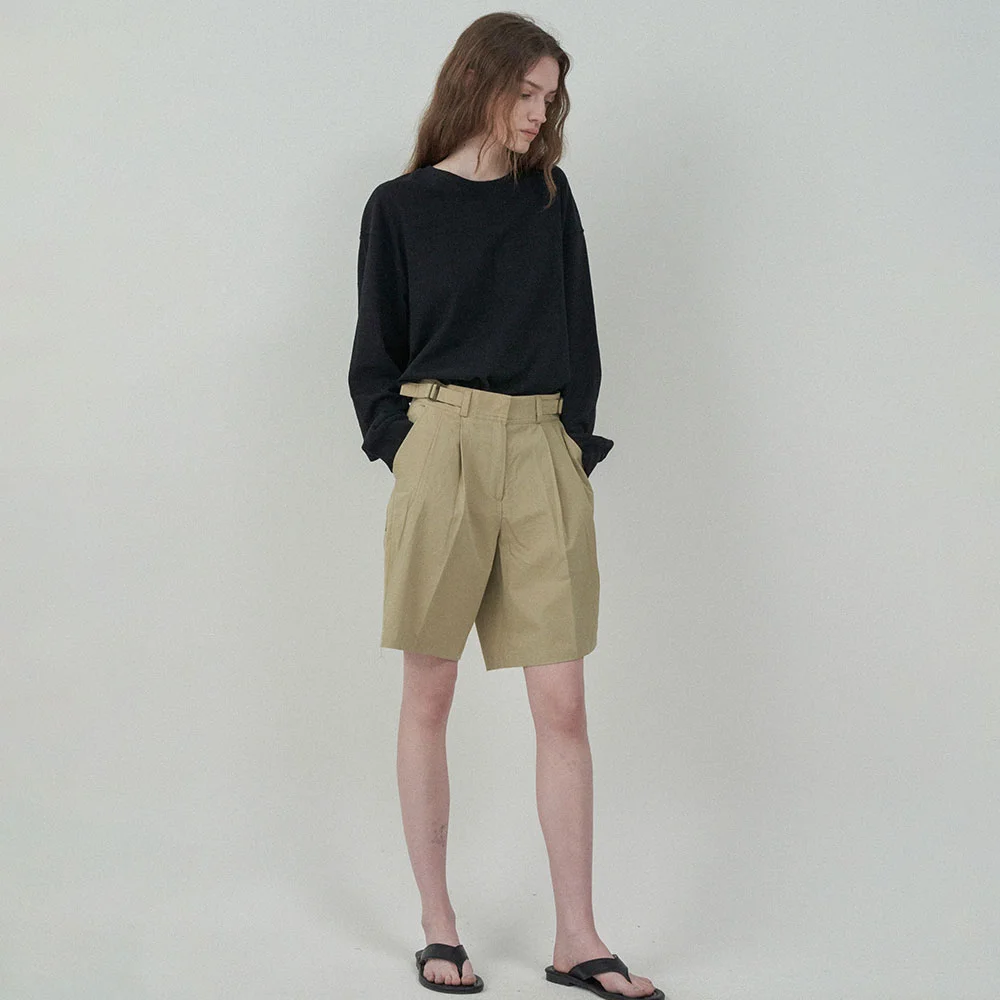純棉 扣環 短褲-Khaki-beige