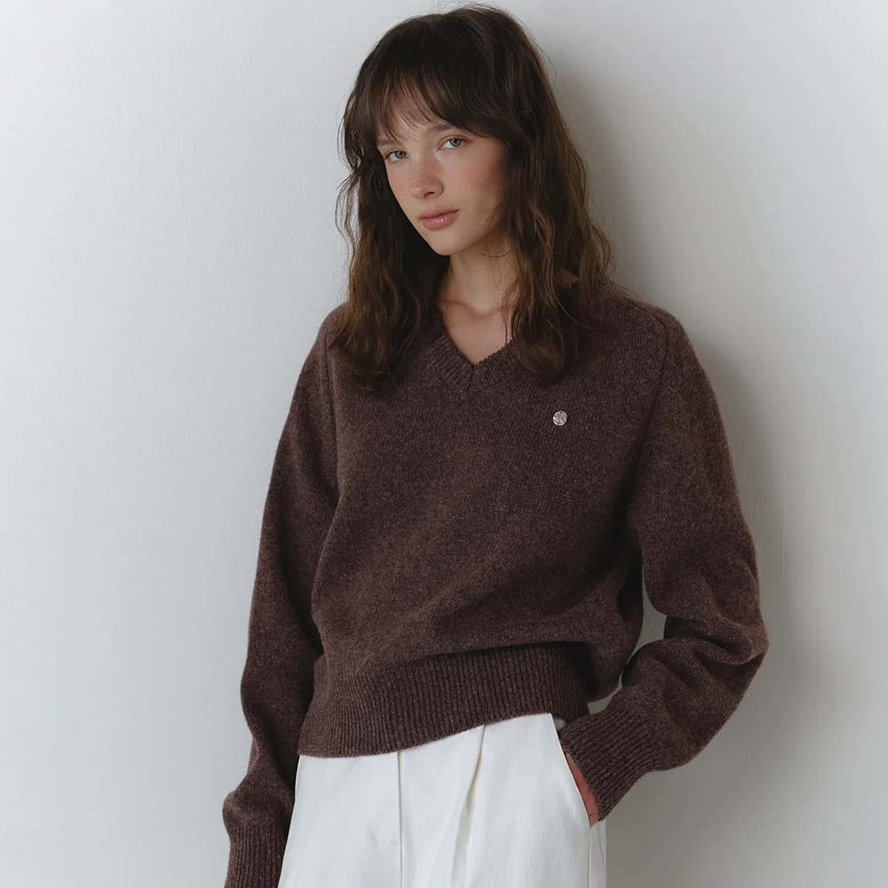 V-neck shetland wool knitwear_brown