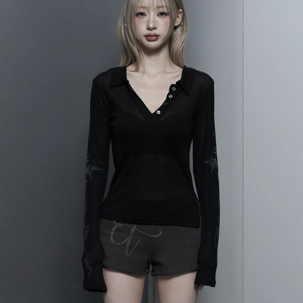 Rib Collar tattoo Long Sleeve Top (Black)