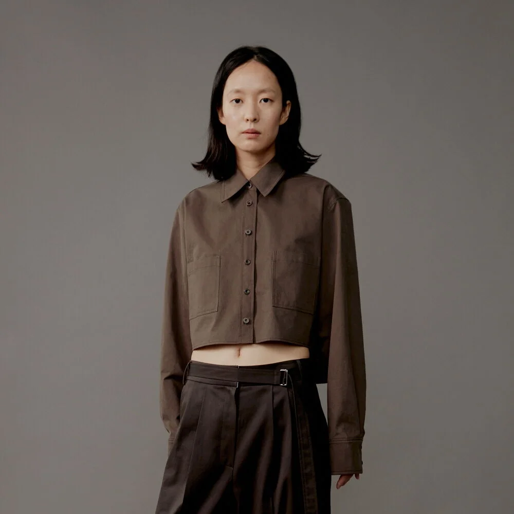 Shirts Crop Pocket Button Brown