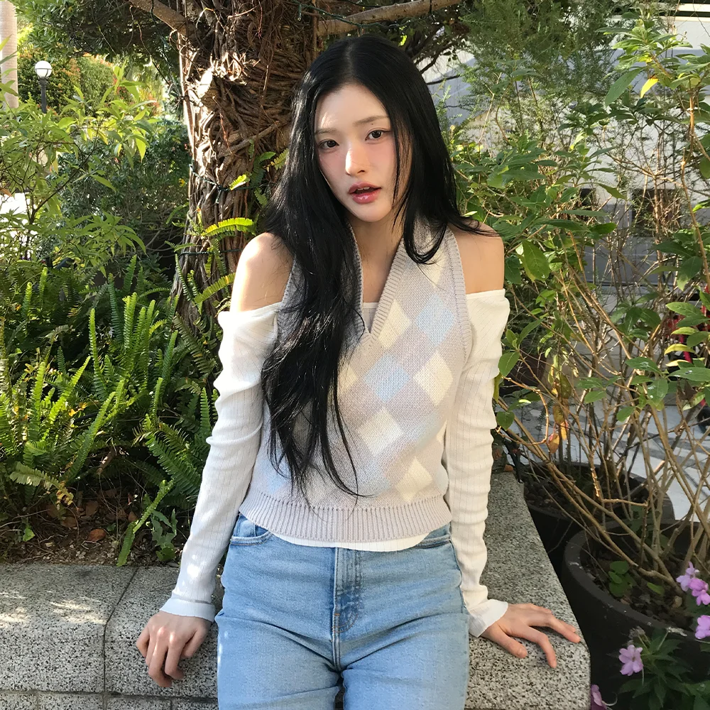 掛頸 菱格紋 羊毛 ( 淺灰色 )
