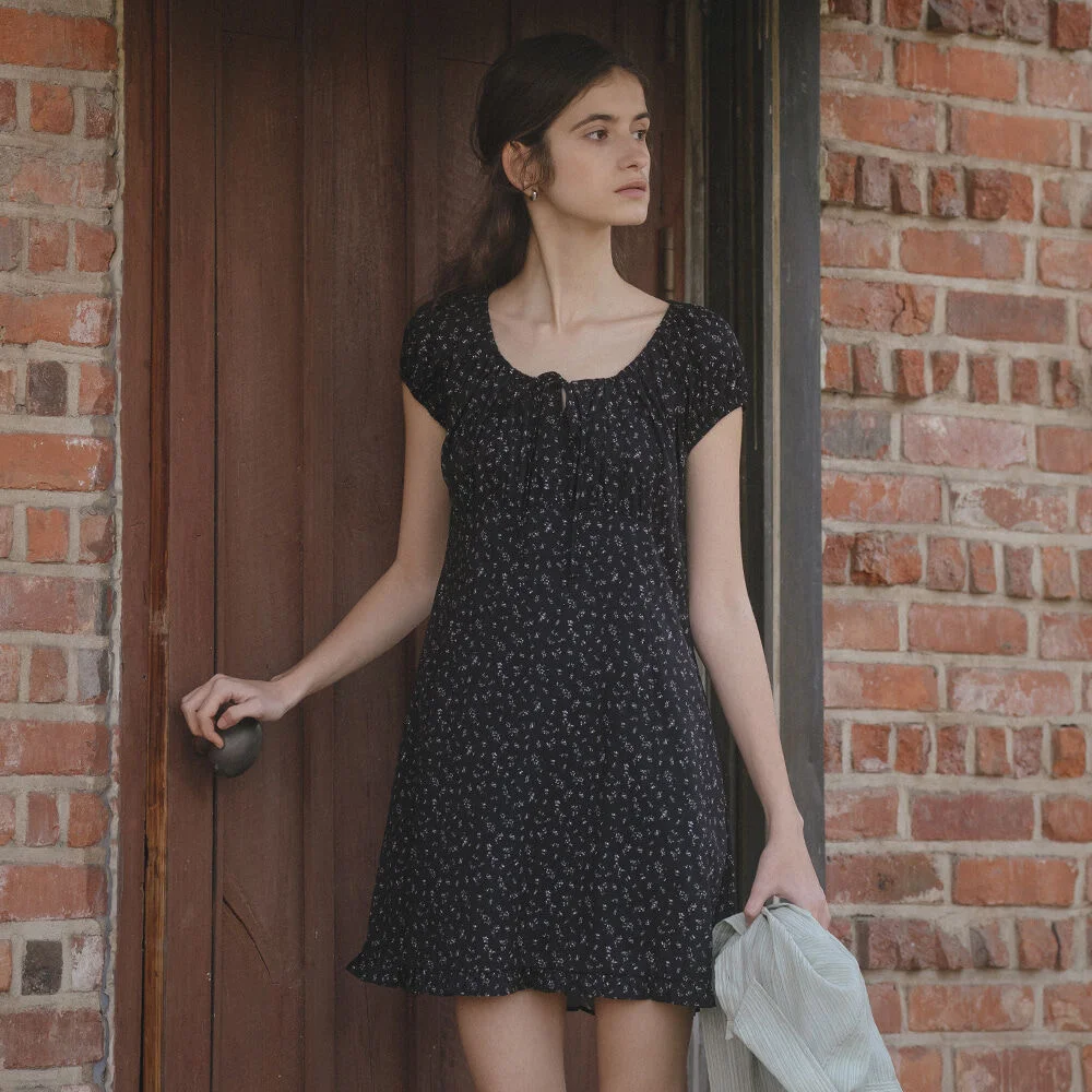 Floral shirring mini dress _Black