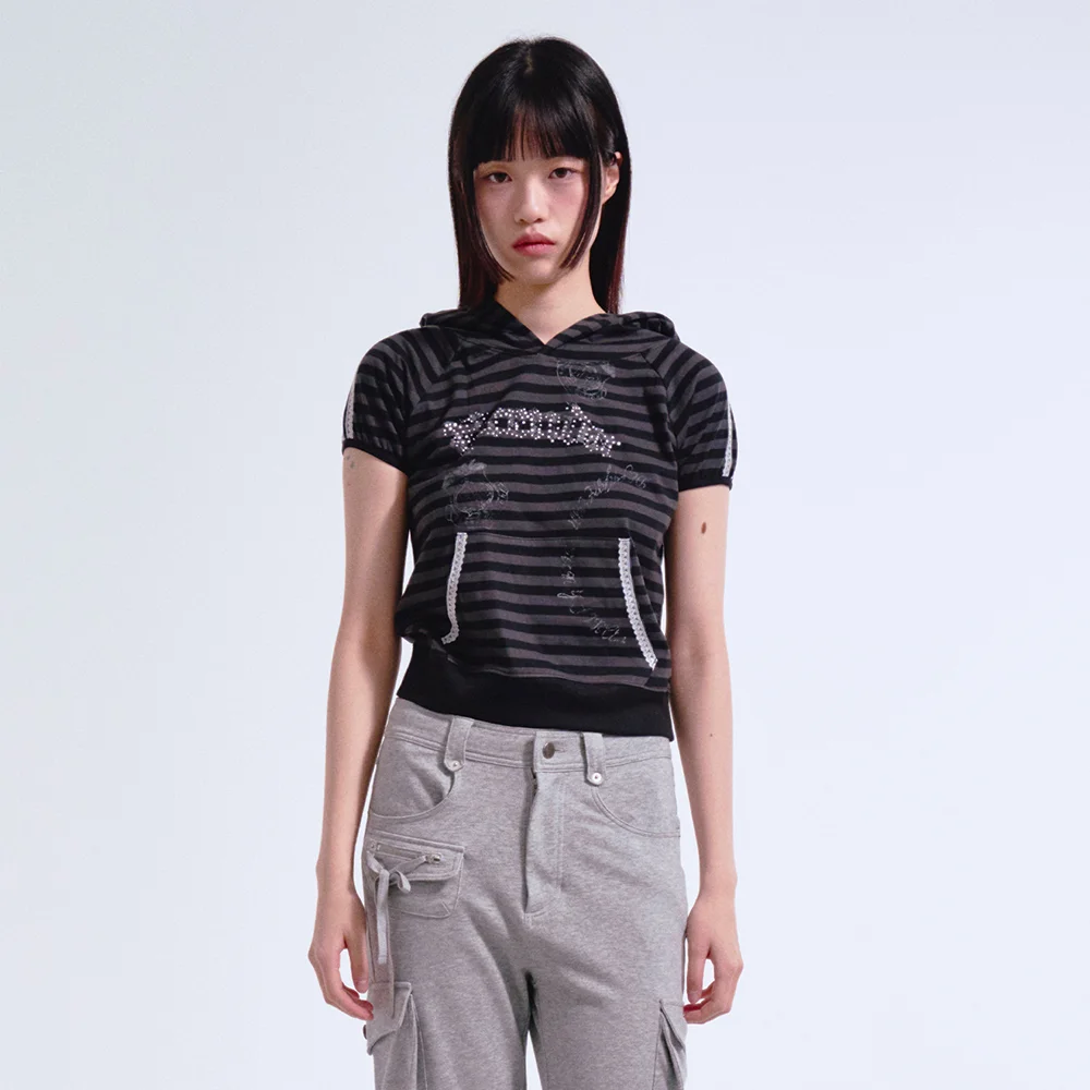 STRIPE HOODIE SHORT SLEEVE BLACK