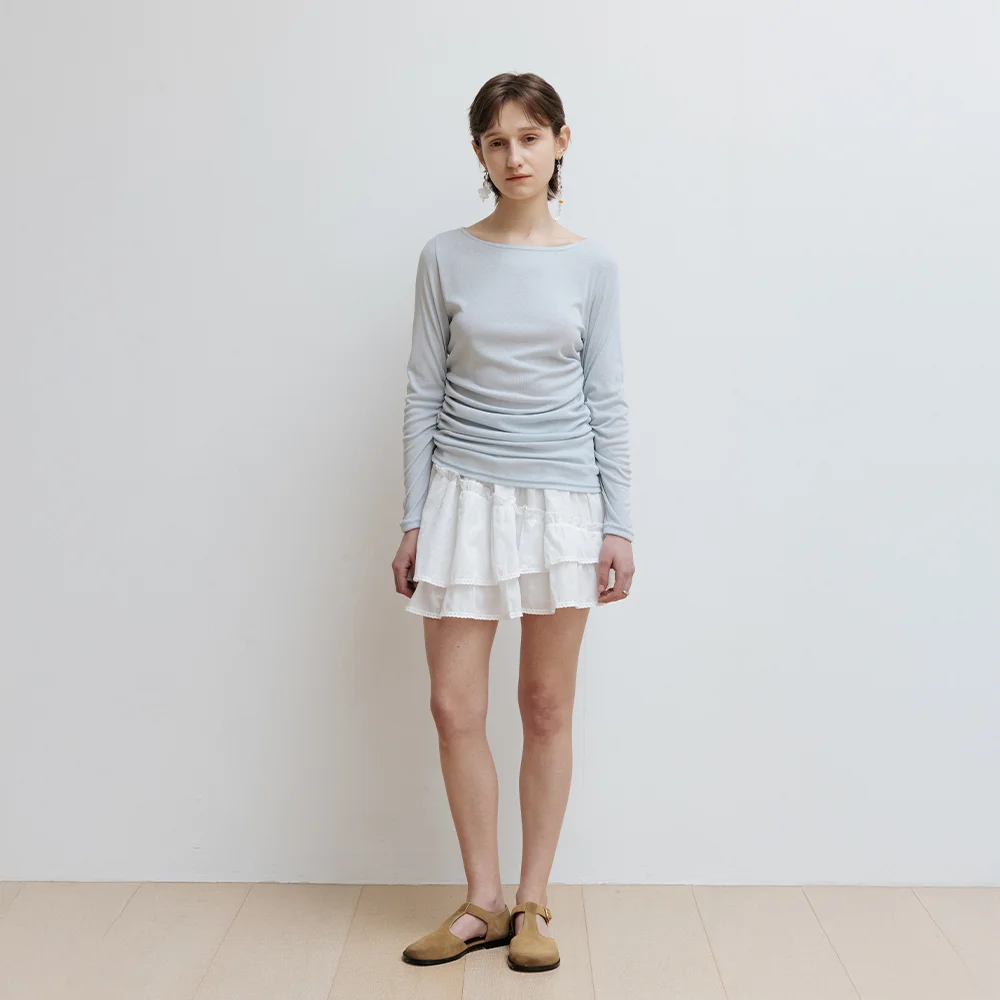 Lace Flare Mini Skirt (white)_不對稱 抽褶 迷你裙 褲子
